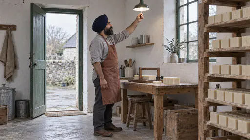 A turbaned bearded maker in a rust apron switches on a hanging lamp inside a small whitewashed soap room beside a tall timber curing rack of stacked pale soap bars and a wooden bench with a cutter board in cool morning light.