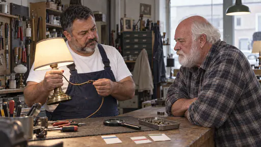 A stocky man with a round face and short grey beard in dark blue overalls holds a small brass table lamp up and examines its frayed cord with a calm frown under a warm counter lamp while a broad white-bearded man in a checked flannel shirt watches with his arms folded across the counter.