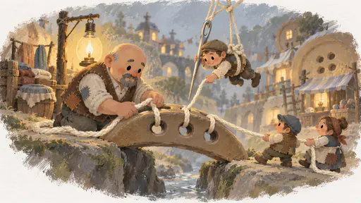A bridge made of a giant sewing button with its holes as arches is re-stitched by a tiny stocky bald mender with a goatee hanging from rigging of a giant needle and cream thread while two thumb-sized residents hold the thread taut below in warm lamp light.