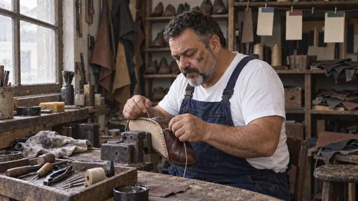 A stocky man with a round face and short grey beard in dark blue overalls sits at his workbench with his head bent over a brown leather shoe clamped in a vice with a new pale sole half-stitched with waxed thread and a tray of small tools beside it in low side light.