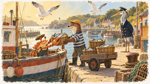 A small fishing boat unloads its catch at the quay as a crab in a flat cap passes baskets of plain silver fish up to a sleek otter in a blue jersey who stacks them on a cart while gulls hover overhead and a tall grey heron in a navy coat watches with a wing behind his back.