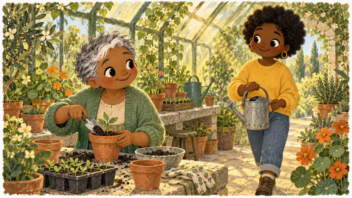 Inside a new sunny conservatory room with a glass roof and a long stone bench of potting trays a petite older woman with silver-grey hair and a green cardigan plants a seedling in a terracotta pot with a trowel while a young woman with a short afro and a yellow sweatshirt carries a small watering can toward her.