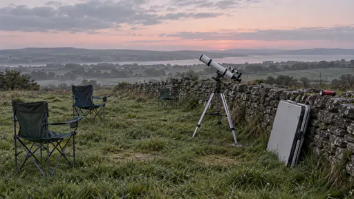 An empty hilltop field at first dawn light has camp chairs on wet grass, a white telescope on its tripod, a folded table leaning on a drystone wall and a red torch resting on the wall top under a clearing pink sky.