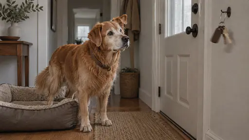 An old golden retriever with a grey muzzle lifts his head from a hallway bed with ears pricked toward a key ring swinging on a wall hook beside the front door in soft morning window light.