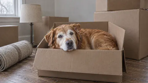 An old golden retriever with a grey muzzle lies curled up inside an emptied cardboard packing box among sealed plain cartons in a bare room with his chin on the box edge in grey moving-day light.