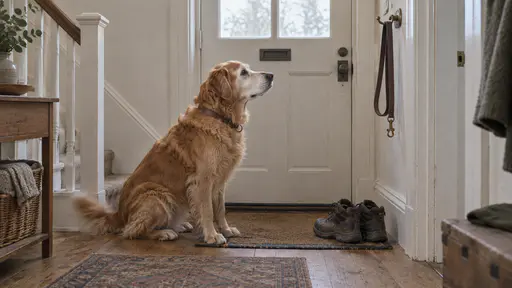 An old golden retriever with a grey muzzle sits at the door seam beside a leather lead swinging free from its wall hook with his eyes on it and a pair of walking boots on the mat in bright hall light.