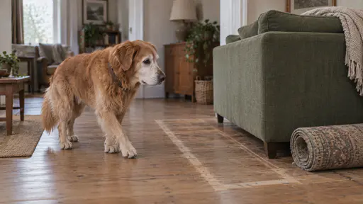 An old golden retriever with a grey muzzle steps sideways around a green sofa slid a metre across the floorboards, with clean pale floor lines marking its old place and a rug rolled up beside it in overcast light.