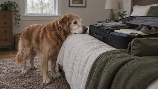 An old golden retriever with a grey muzzle rests his chin on the edge of a bed beside an open half-packed suitcase with folded clothes, a pair of shoes and a plain wash bag in diffuse daylight.