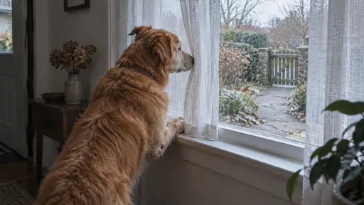 An old golden retriever with a grey muzzle stands with his forepaws on a windowsill and ears up looking out at an empty garden path past a net curtain pulled aside in cool morning light.