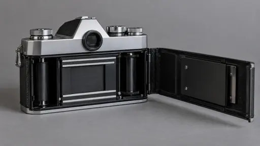 The hinged back of one film camera stands open on a plain grey surface showing the empty film compartment with two plain spool chambers and the film gate behind them in cool window light.
