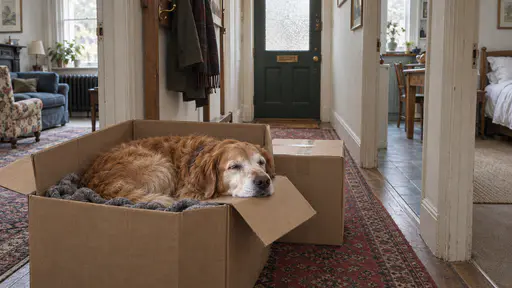 An old golden retriever lies curled asleep inside a large open plain cardboard moving box lined with a folded grey blanket, his chin resting on one open flap and the sides bulged by his curl.