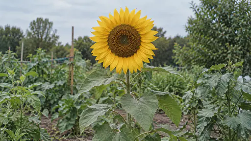 One fully open sunflower flower faces forward with long yellow ray petals around a wide brown centre packed with tiny florets, broad leaves below.