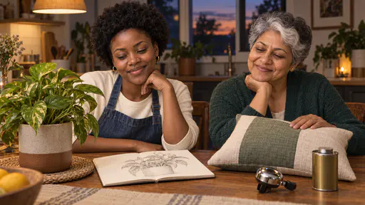 A young woman with a short natural afro in a denim apron and a South Asian woman with short silver-grey hair and a white streak in a green cardigan lean back smiling at a kitchen table laid with a potted plant, a sewn cushion, an open sketchbook and a bicycle bell in warm lamp light.