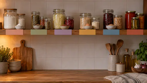 A wooden pantry shelf above a scrubbed kitchen bench holds six neat groups of jars, tins and bowls, thickening, seasoning, fermenting, binding, filling and preserving, each on its own blank paper card in a different plain colour band in warm dusk lamp light.