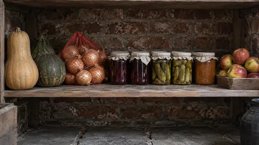 A cool pantry shelf holds two squash, a net of onions, a row of sealed unlabelled glass jars with plain cloth lids and a tray of apples against brick walls in low warm light.