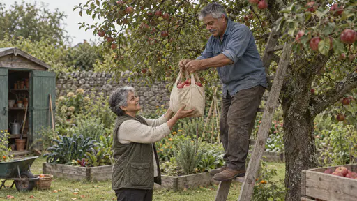 A silver-haired moustached man on a wooden ladder in an apple tree lowers a full cloth fruit bag to a petite silver-haired woman in a green vest waiting below with raised arms in warm morning light.
