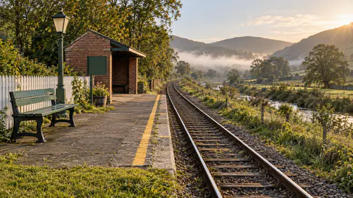 The end of a short stone railway platform with a yellow edge line, a green wooden bench behind a white fence and a single track curving away into low valley mist at pale dawn.