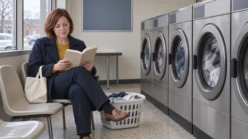 A woman with a chin-length auburn bob in a navy coat reads an open paperback on a plastic chair under a laundromat window with a row of front-loading washing machines turning behind her and a laundry basket beside her in cool even light.