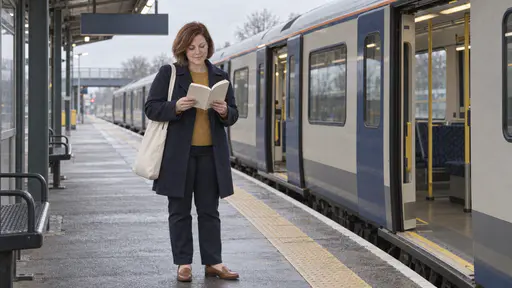 A woman with a chin-length auburn bob in a navy coat stands on a commuter platform reading an open paperback in both hands with a stopped train with open doors behind her in cool morning light.