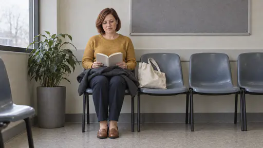 A woman with a chin-length auburn bob in a mustard jumper sits in a clinic waiting-room chair with her folded coat on her lap and an open paperback on top of it beside empty chairs and a blank notice board in diffuse window light.