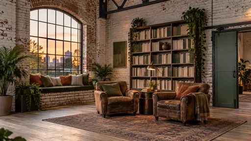 A reading nook with a cushioned window seat under a tall arched window, two worn armchairs on a faded rug and a floor-to-ceiling bookshelf beside a lit brass lamp in warm dusk light.