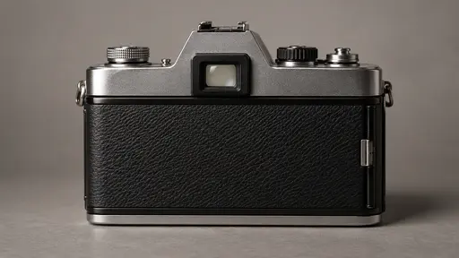 The rear of one film camera faces the viewer showing its small rectangular viewing window and its hinged back edge with its plain latch while the rest of the body falls away in shadow in soft even light.