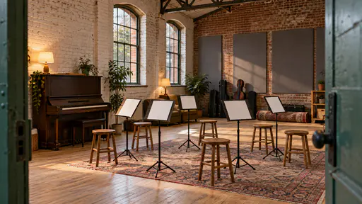 An upright piano, a semicircle of wooden stools with black music stands and a stack of instrument cases in a whitewashed brick rehearsal room with grey acoustic panels in warm lamplight under a steel truss.