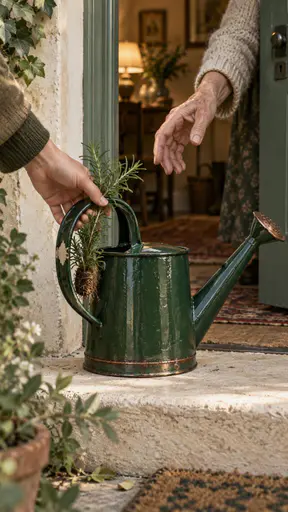 Hands meet over a repaired green watering can on a cream doorstep with a rooted rosemary cutting tucked into its handle.