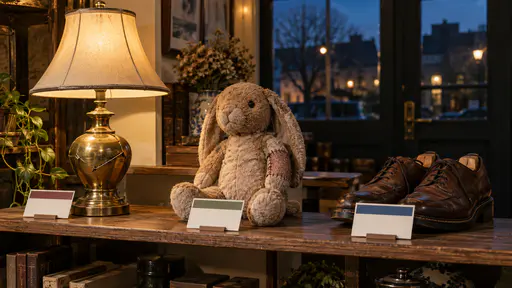 At closing time on a repair shop shelf in warm evening lamp glow a mended brass lamp, a stuffed rabbit with a re-stitched arm and a pair of resoled shoes stand side by side each on its own blank colour-banded card with dusk blue showing in the window behind, no people.
