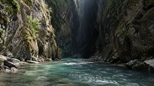 The river enters a dark narrow gorge between steep walls in flat shaded light, bright water at the entrance falling into shadow ahead.
