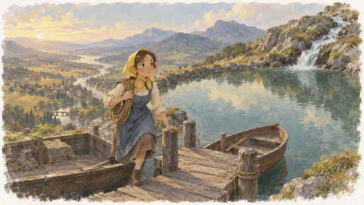 At the summit of a hill an uphill river spills into a round still green lake like a bowl of glass with a small wooden pier and a waiting rowing boat as a ferrywoman in a yellow headscarf steps onto the pier from her barge, the valley far below in soft golden light.