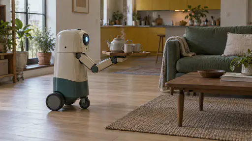 A small cream and teal household robot balances a wooden tray with a ceramic teapot and two plain mugs on its flat clamp as it rolls across a living room toward a green sofa and coffee table in warm light.