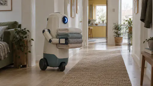 A small cream and teal household robot with a round blue light face carries a neat stack of folded towels against its body with its clamp arm along a hallway with a runner rug in bright morning light.