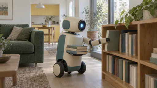 A small cream and teal household robot places a plain hardback book upright on a low wooden shelf with a stack of three more books held against its body beside a green sofa by a tall window.