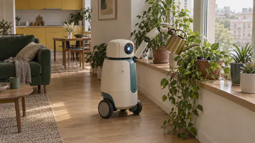 A small cream and teal household robot holds a small brass watering can in its clamp arm and pours a thin stream of water onto a trailing green plant on a sunny windowsill of potted plants.