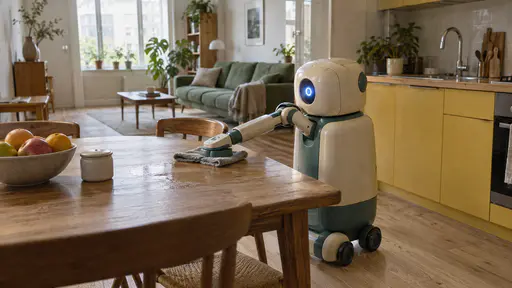 A small cream and teal household robot wipes a wide arc across a wooden kitchen table with a damp cloth held in its clamp arm, leaving a wet shine with a fruit bowl and salt pot moved aside in a yellow kitchen.