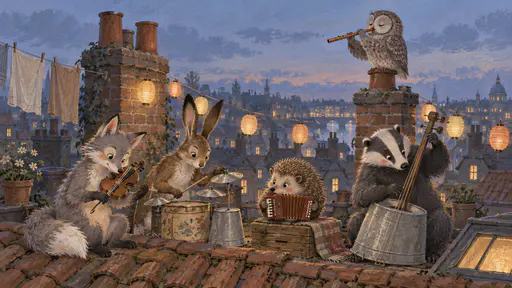 A grey fox, a brown hare, a round hedgehog, a grey-brown owl and a stout badger gather in a circle on a terracotta rooftop with paper lanterns as the owl blows a long note on a wooden flute at blue dusk.