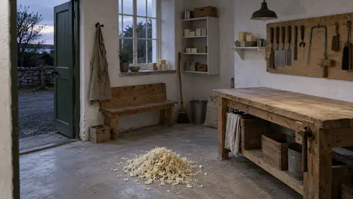 A small workshop room at closing time has a cleared wiped bench, swept shavings in a pile on the floor, hand tools hung in a row on a pegboard and a green door half open to a darkening yard in low evening light.