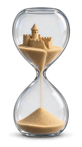 The sands of time: a tiny intact sandcastle in the upper bulb of a clear hourglass sheds a thin stream of grains through the narrow neck into a formless mound below, showing time passing continuously and impossible to hold still, isolated on transparency.