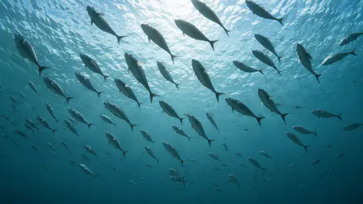 A school of plain silver fish is seen from directly below in clear blue-green water, their bodies dark against the bright rippled surface far above.