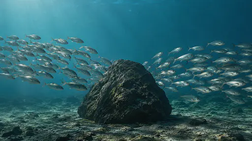 A school of plain silver fish splits into two streams passing around one dark plain rock in clear blue-green water and closes again behind it.