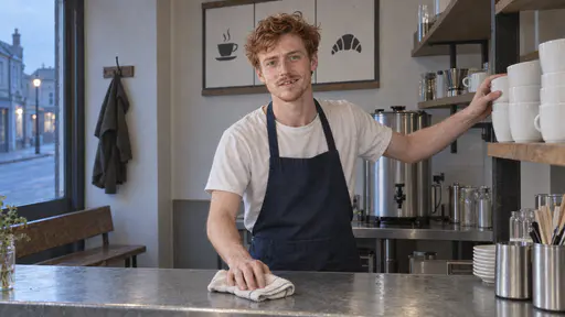 A freckled red-haired server in a navy apron unstacks plain white cups with one hand and wipes a zinc counter with a folded cloth in the other before opening in cool first light with a filter tank behind him.