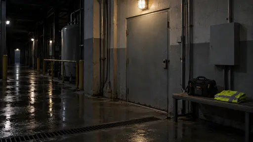 A closed padlocked grey steel service door stands under a single caged lamp in a dark service corridor with a toolbag and a folded high-visibility vest left neatly on a bench beside it and a wet shining floor.