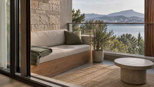 A shaded balcony corner holds a cushioned bench with a folded plain blanket at one end and a shallow hollow worn into the cushion.