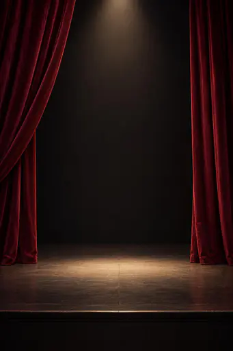 Two opposing folds of dark velvet frame a narrow empty stage, with no performer and no visible theatre architecture.