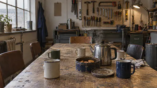 A long shared workroom break table holds mismatched mugs, a battered biscuit tin and a steaming steel teapot under a pegboard of tools with one empty chair pulled out at the far end in warm side light.