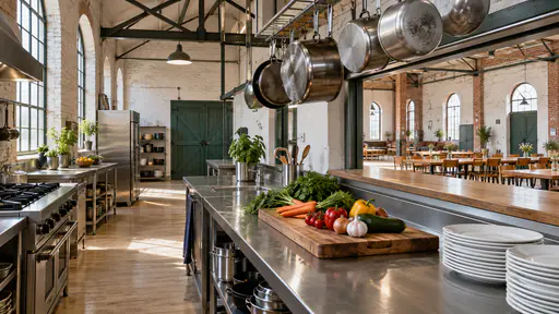 A shared kitchen with a long stainless steel counter, large pots on a hanging rail, stacks of white plates and a wide serving hatch open to a hall of long tables in bright morning light from arched windows.
