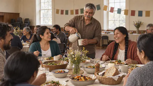 A broad-shouldered man in a brown linen shirt stands at the head of a long table refilling a cup while a woman with a ponytail in a teal cardigan and a woman with two braids in a terracotta shawl sit back laughing in golden interior light.