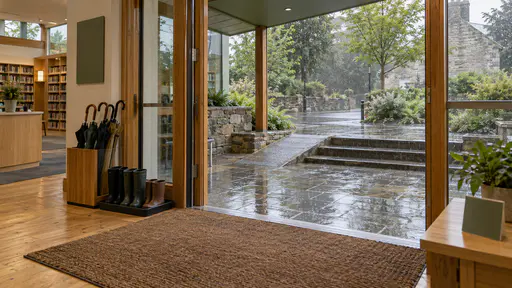 A sheltered library threshold under a sage green canopy has a large coir mat, a stand of closed umbrellas and a tray of boots while light rain falls on wet paving beyond the canopy edge.