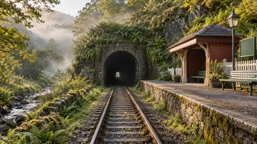 A single railway track runs straight into the arched stone portal of a short tunnel in a ferny hillside with a pinpoint of daylight at the far end and dew on the rails in low morning mist.